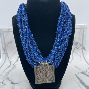 Lapis Lazuli Stone Chip Multistrand Necklace with Ahoi Ashtami Silver Pendant